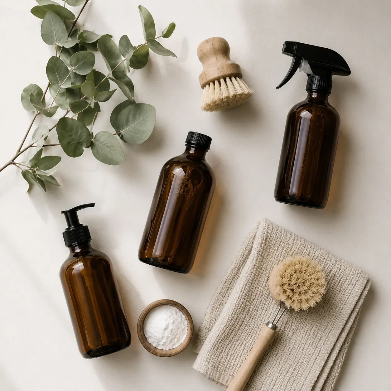 Eco cleaning supplies in plain amber glass bottles with a folded cloth