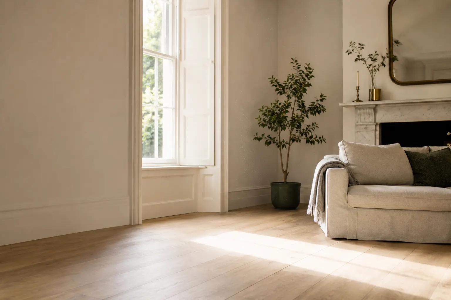 A sunlit Dublin living room with tall sash windows, freshly cleaned